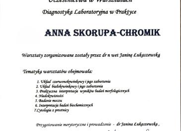 Dyplom uczestnictwa w warsztatach Diagnostyka Laboratoryjna w praktyce